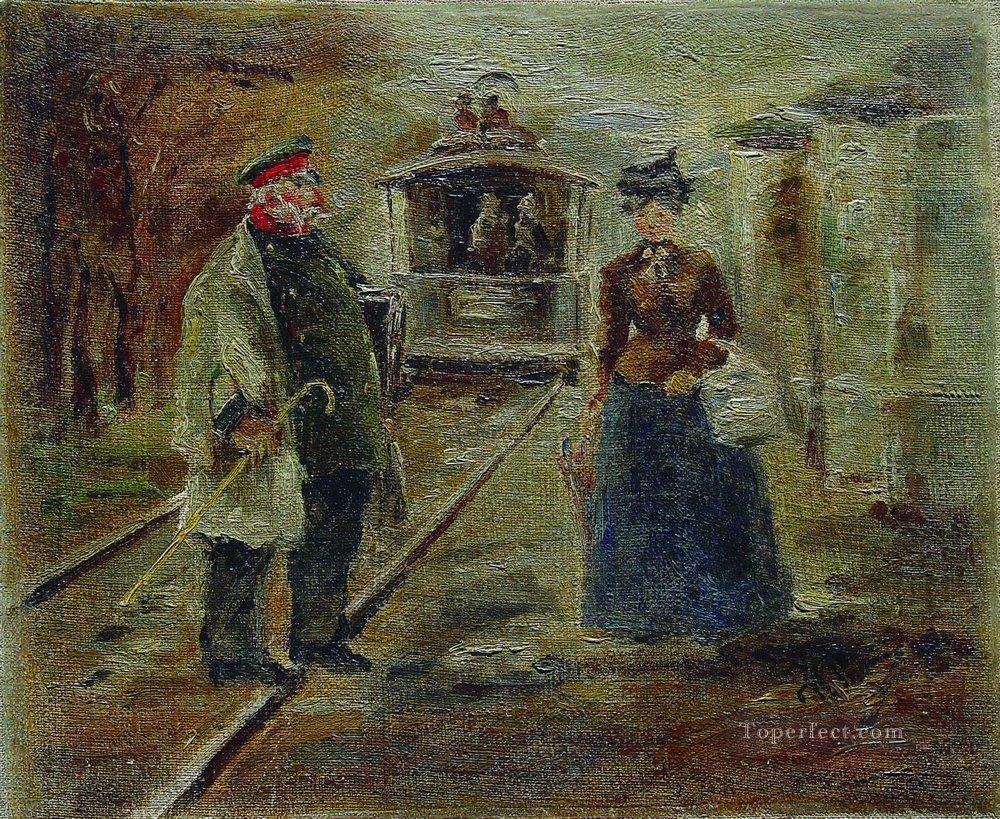 on the platform of the station street scene with a receding carriage Ilya Repin Oil Paintings